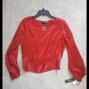 A. Byer Red SatIn Women’s Med Long Sleeve Ring Neck Smocked Back Hem NWT